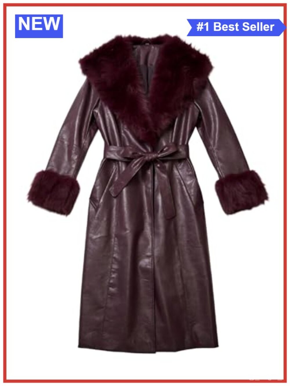 Faux Leather Coat with Faux Fur Collar Long Sleeve Belted